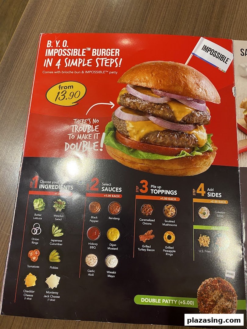 A menu page showcasing Swensen's customizable B.Y.O. Impossible Burger with various ingredients, sauces, toppings, and sides.