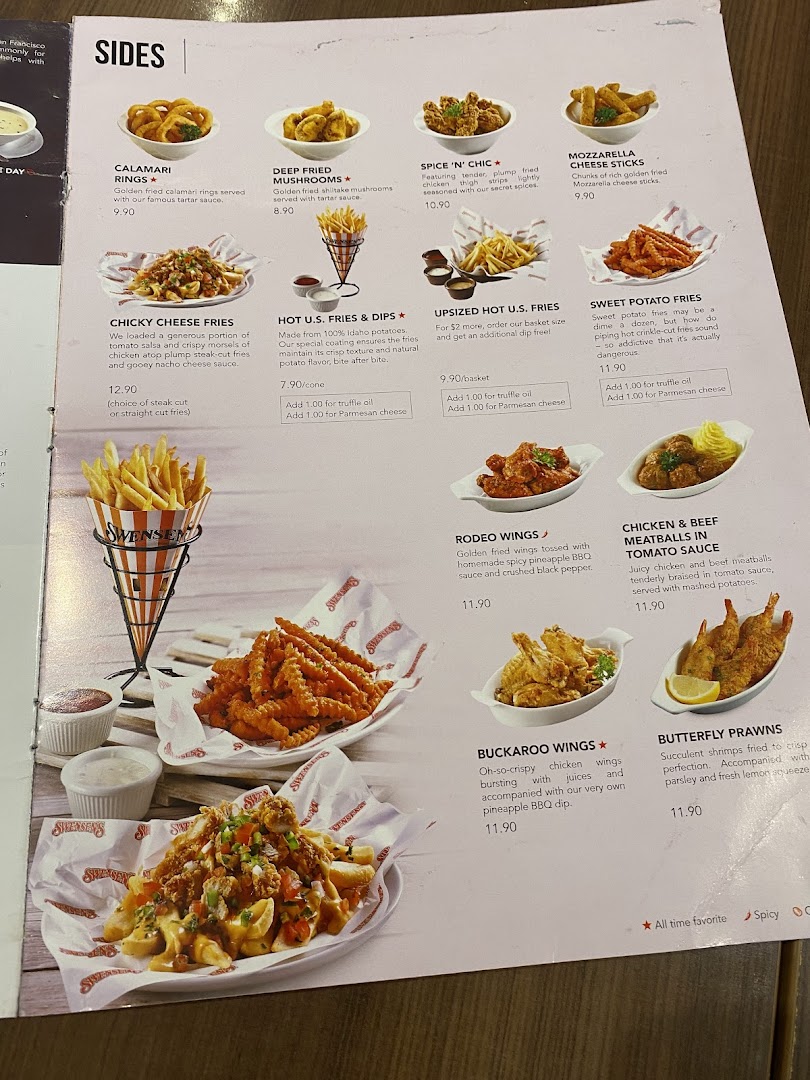 A detailed menu page from Swensen's, showcasing a variety of delicious sides and appetizers with prices.