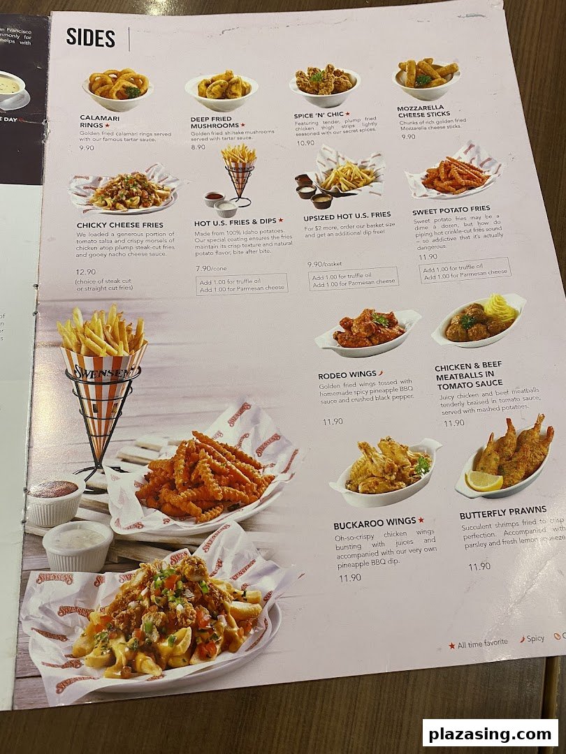 A detailed menu page from Swensen's, showcasing a variety of delicious sides and appetizers with prices.