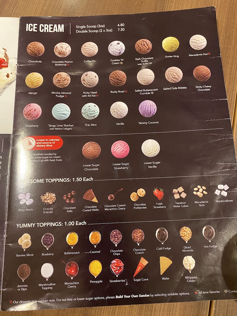 A detailed menu displaying various ice cream flavors, scoops, and a wide selection of toppings.