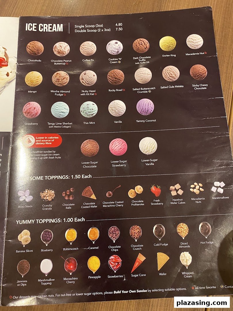 A detailed menu displaying various ice cream flavors, scoops, and a wide selection of toppings.