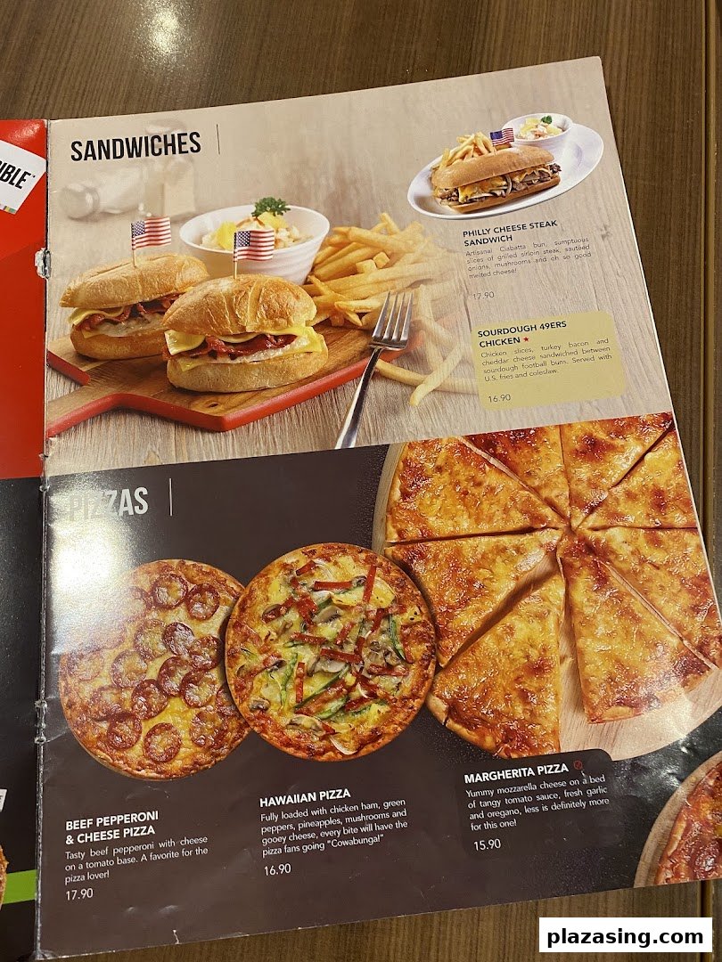 A close-up of Swensen's menu featuring sandwiches and pizzas with descriptions and prices.