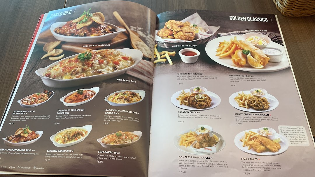 A detailed menu page from Swensen's, showcasing a variety of baked rice dishes and golden classic fried items.