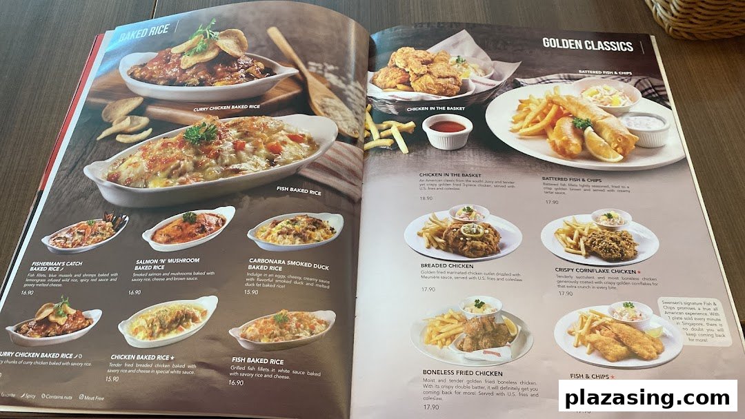 A detailed menu page from Swensen's, showcasing a variety of baked rice dishes and golden classic fried items.