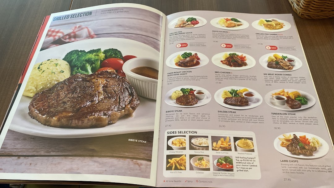 A detailed menu page from Swensen's featuring a variety of grilled main courses and side dish options.