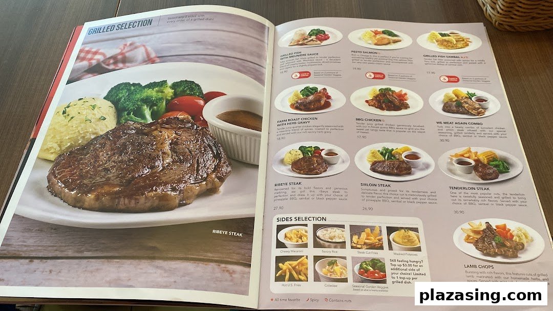 A detailed menu page from Swensen's featuring a variety of grilled main courses and side dish options.