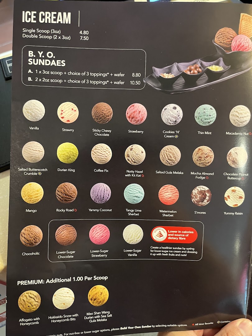 A detailed menu displaying various ice cream scoops, sundae options, and a wide range of flavors.