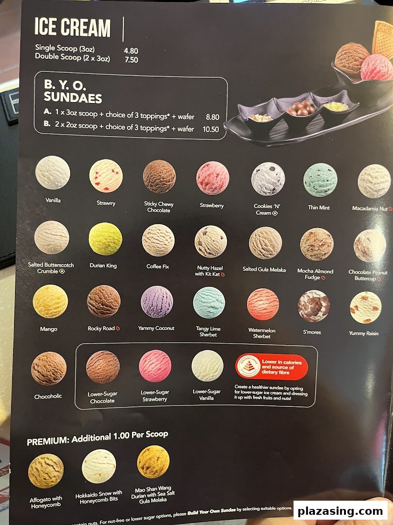 A detailed menu displaying various ice cream scoops, sundae options, and a wide range of flavors.
