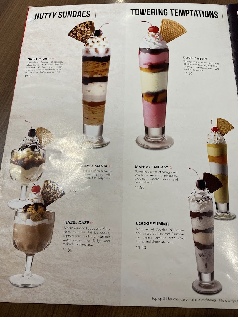 A vibrant menu page showcasing Swensen's delectable sundaes and towering ice cream desserts with detailed descriptions.