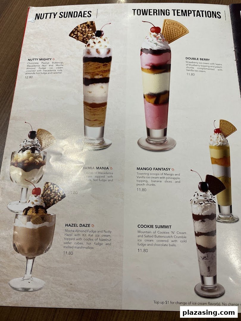 A vibrant menu page showcasing Swensen's delectable sundaes and towering ice cream desserts with detailed descriptions.