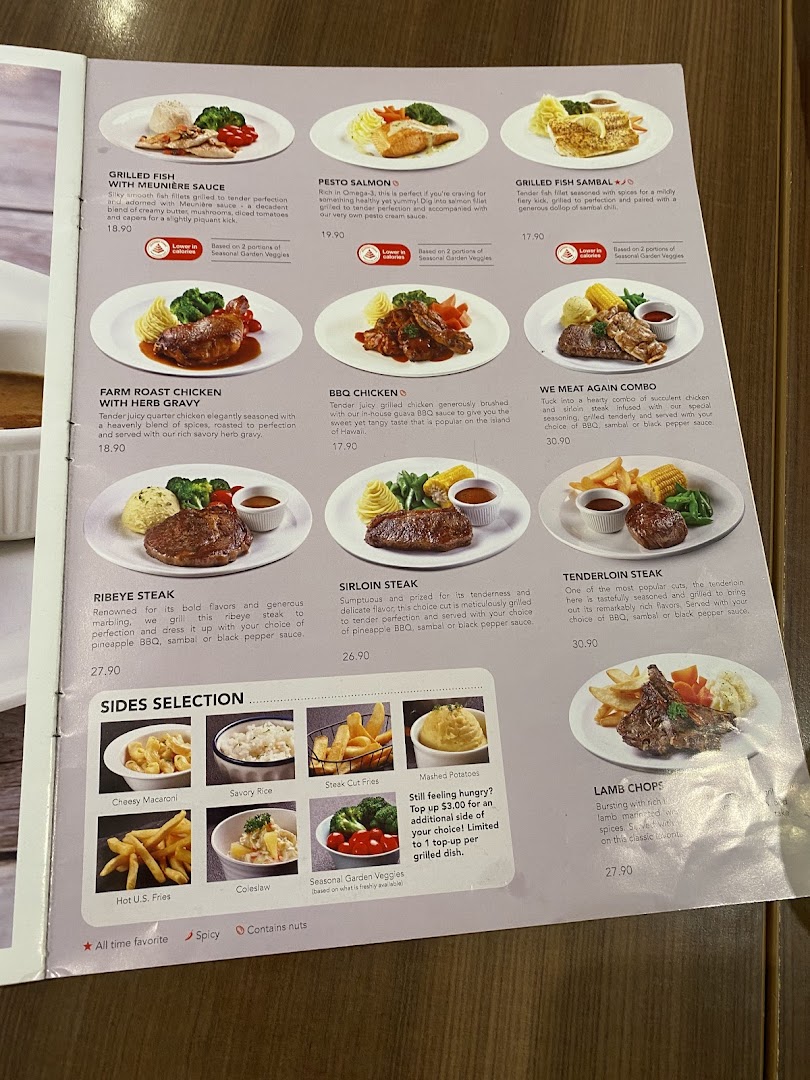 A detailed menu page from Swensen's, showcasing a variety of main courses and side dishes.