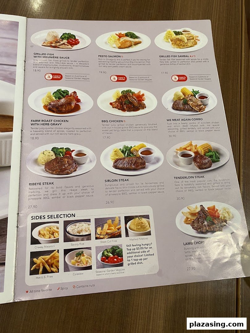 A detailed menu page from Swensen's, showcasing a variety of main courses and side dishes.