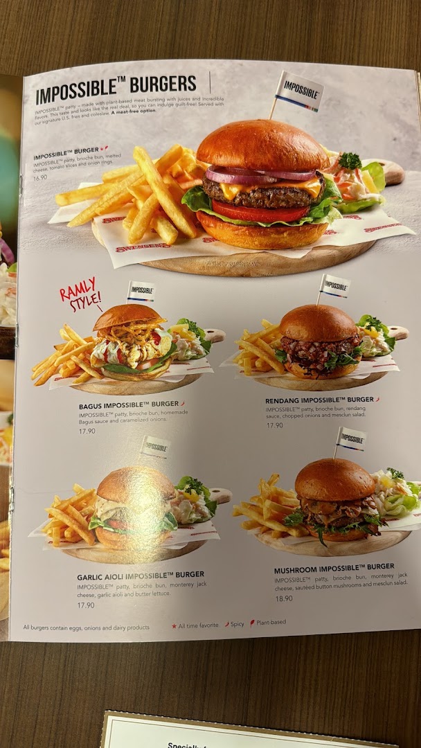 A menu page from Swensen's showcasing their range of Impossible™ Burgers with descriptions and prices.