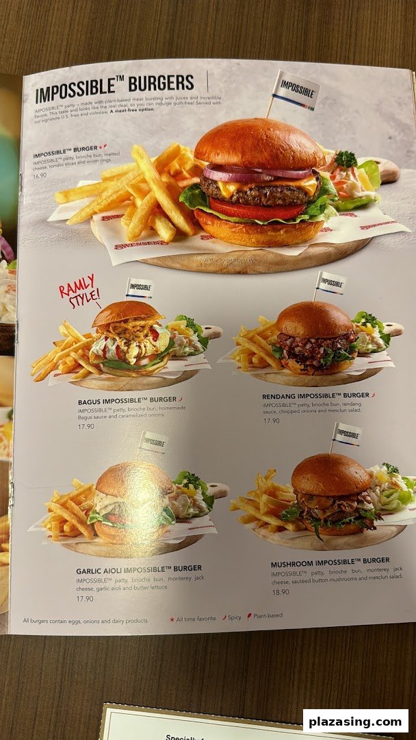 A menu page from Swensen's showcasing their range of Impossible™ Burgers with descriptions and prices.