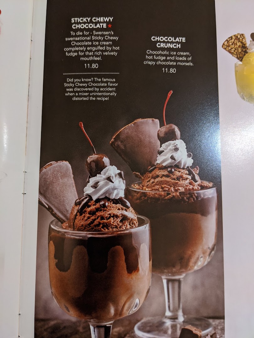 A menu page showcasing two decadent chocolate ice cream sundaes with descriptions and prices.