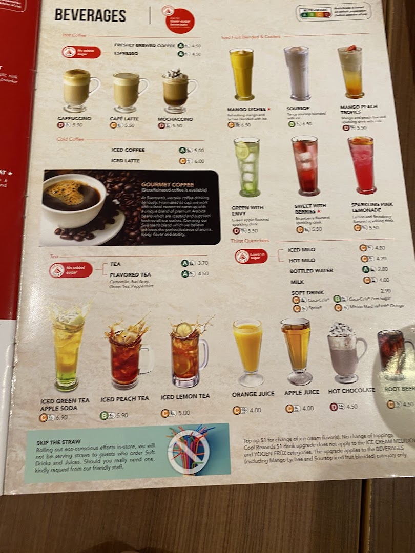 A detailed menu page showcasing a variety of beverages, including coffees, teas, juices, and sparkling drinks.