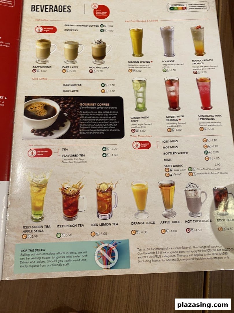 A detailed menu page showcasing a variety of beverages, including coffees, teas, juices, and sparkling drinks.
