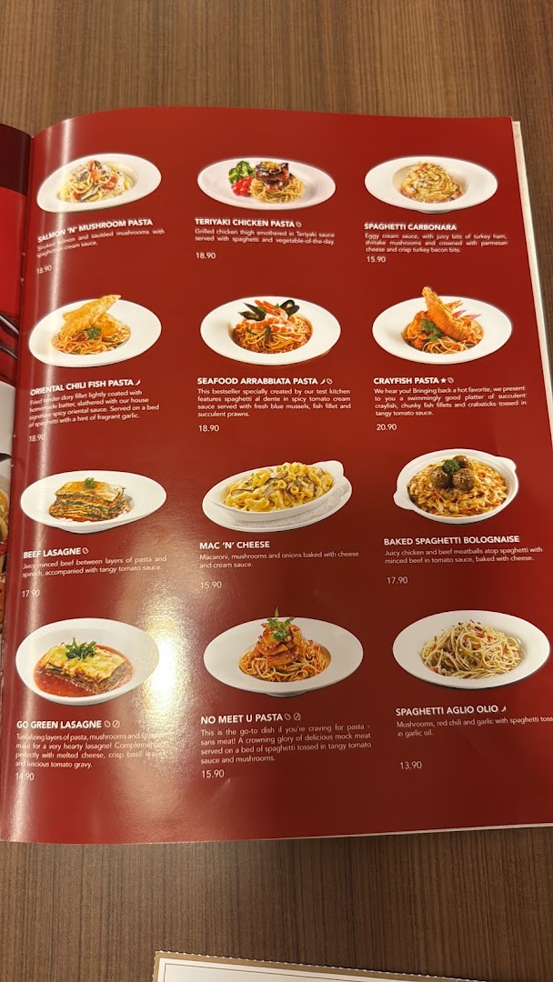 A vibrant menu page from Swensen's, showcasing a variety of pasta and lasagna dishes with descriptions and prices.