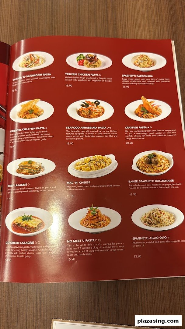 A vibrant menu page from Swensen's, showcasing a variety of pasta and lasagna dishes with descriptions and prices.