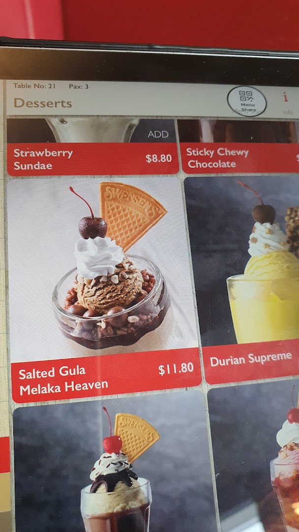 A digital menu display from Swensen's, showcasing various dessert options with prices.
