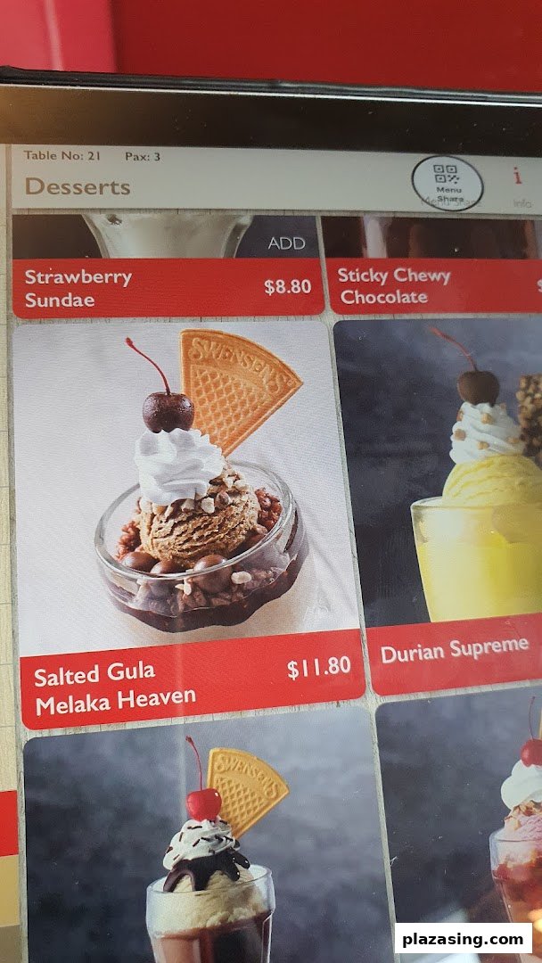 A digital menu display from Swensen's, showcasing various dessert options with prices.