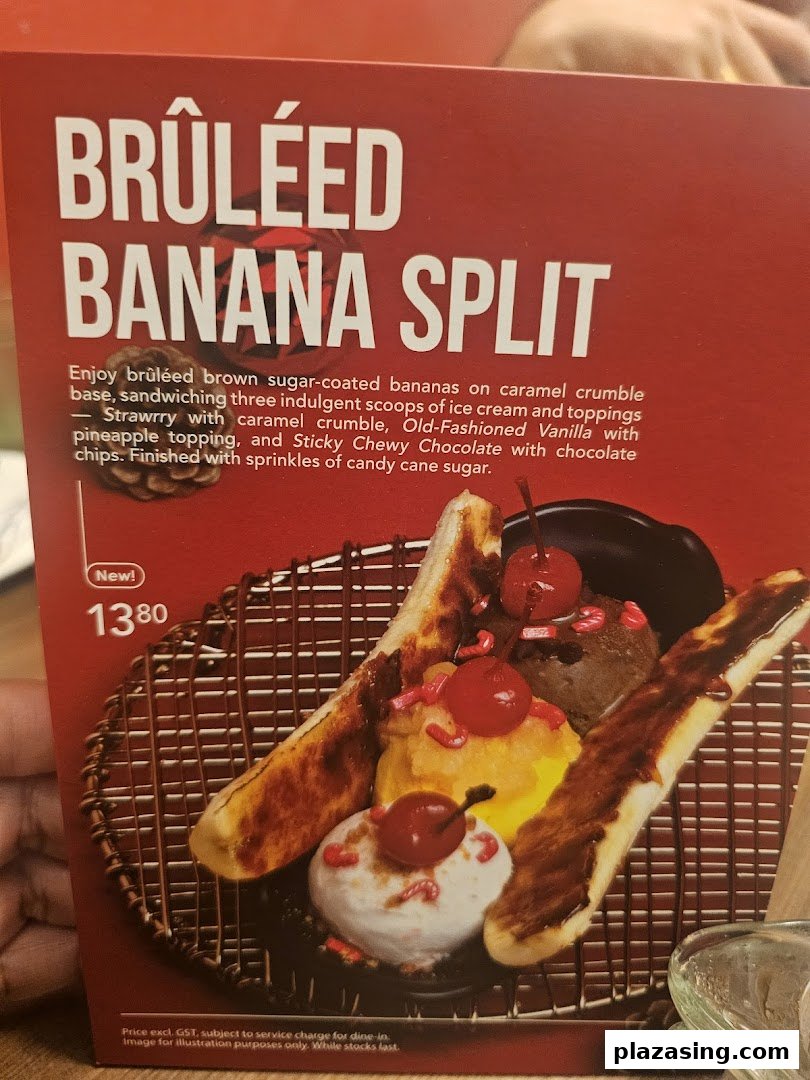 A menu page showcasing Swensen's new Brûléed Banana Split dessert with its description and price.