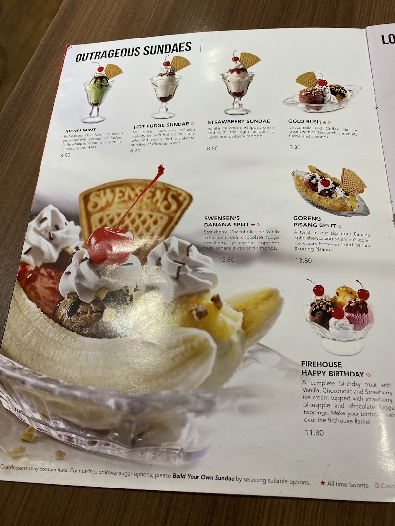 A vibrant menu page from Swensen's showcasing a variety of delicious sundaes and banana splits.