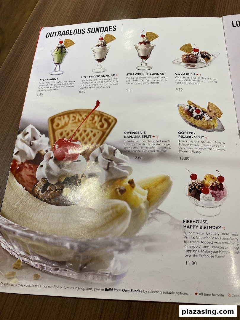 A vibrant menu page from Swensen's showcasing a variety of delicious sundaes and banana splits.