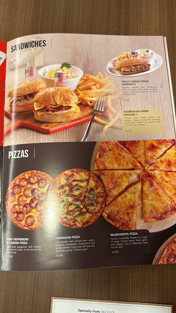 A menu page from Swensen's featuring sandwiches and pizzas with descriptions and prices.