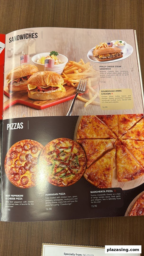 A menu page from Swensen's featuring sandwiches and pizzas with descriptions and prices.