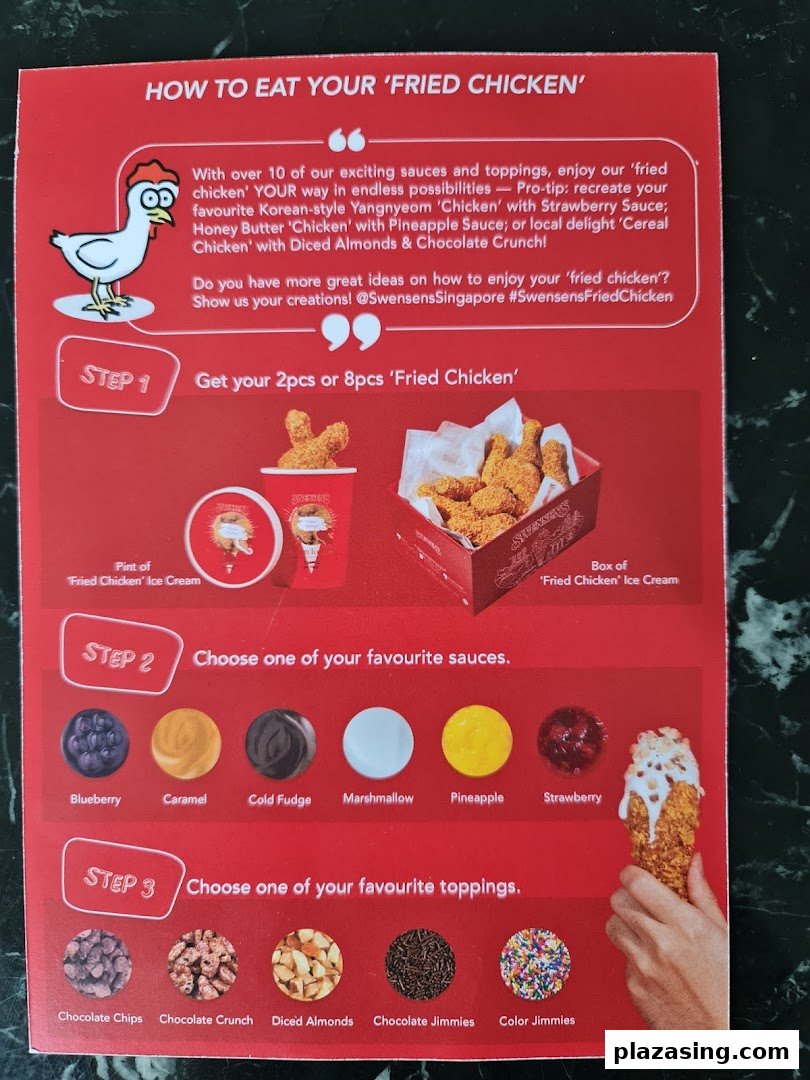 A promotional guide from Swensen's detailing how to customize their 'Fried Chicken' with various sauces and toppings.