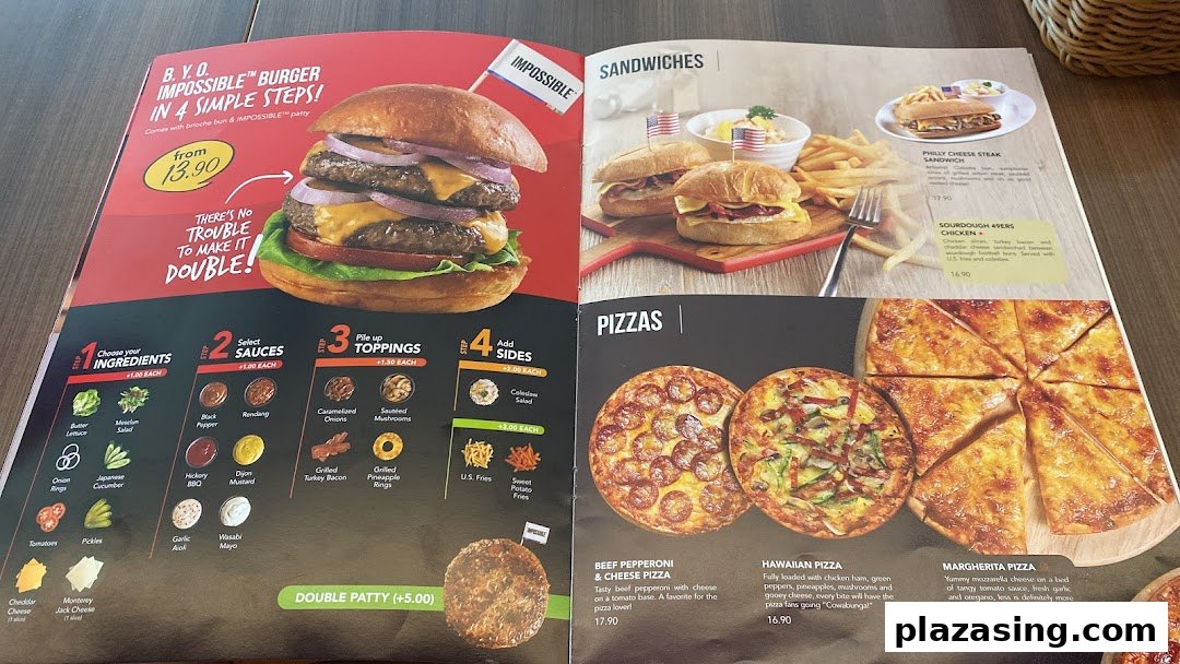 A vibrant menu displaying burgers, sandwiches, and pizzas with prices and descriptions.