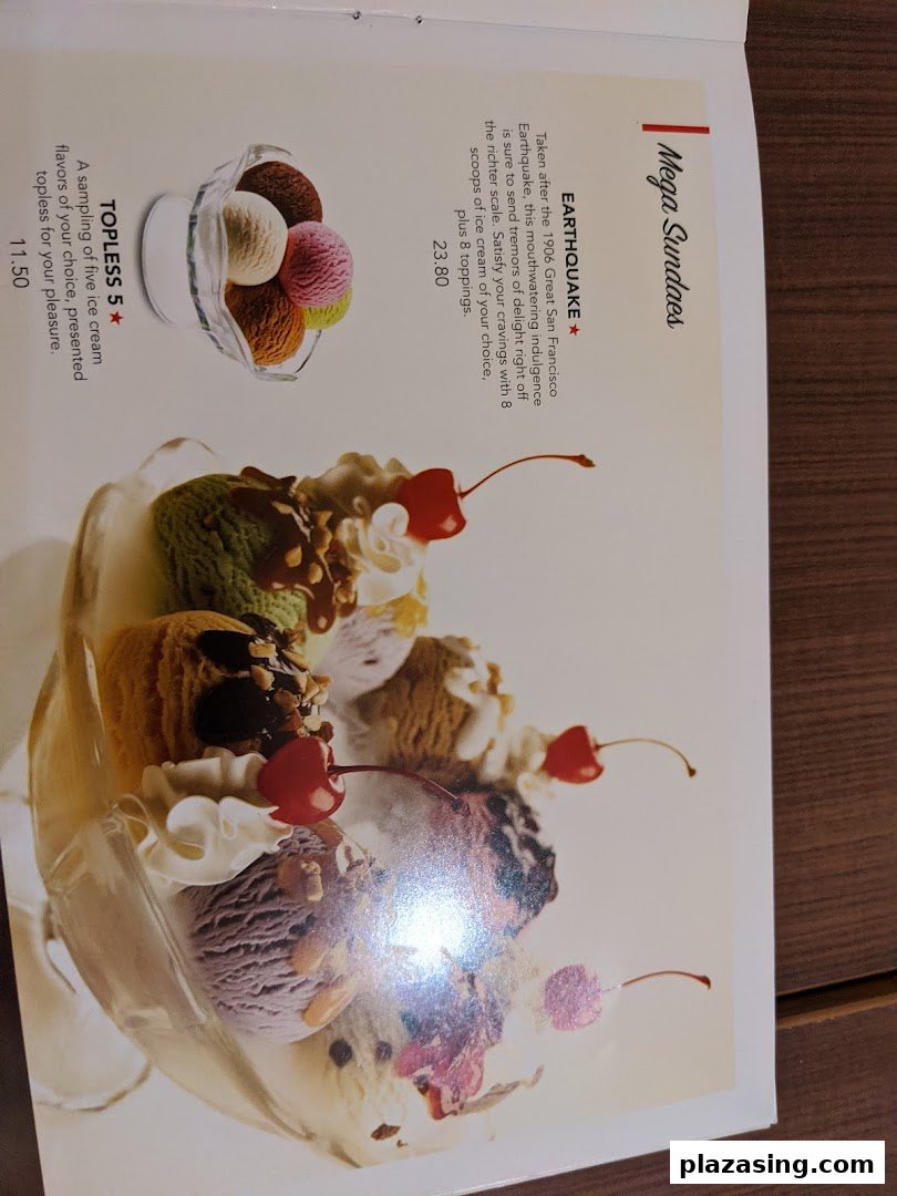 A vibrant menu page from Swensen's showcasing delicious Mega Sundaes and ice cream selections.