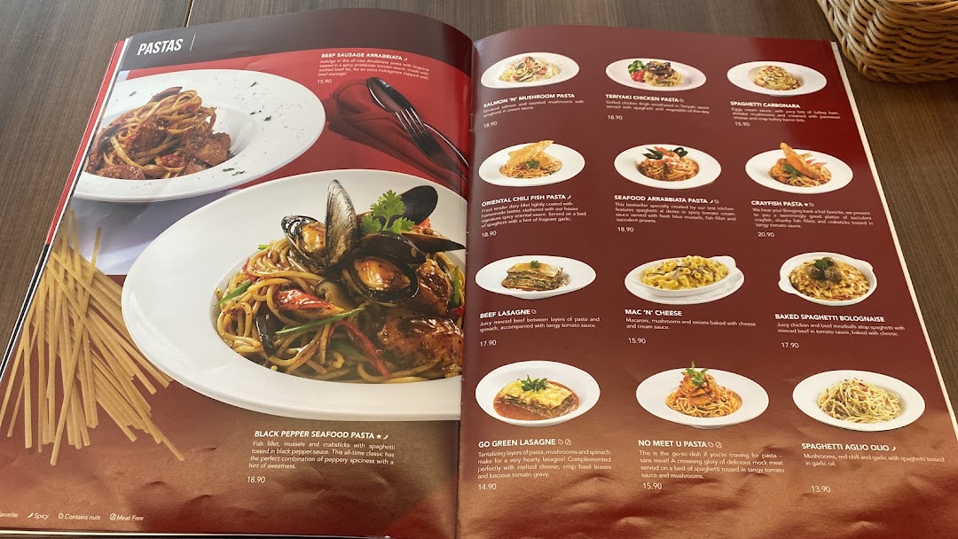 An open menu displaying a variety of pasta dishes with descriptions and prices.