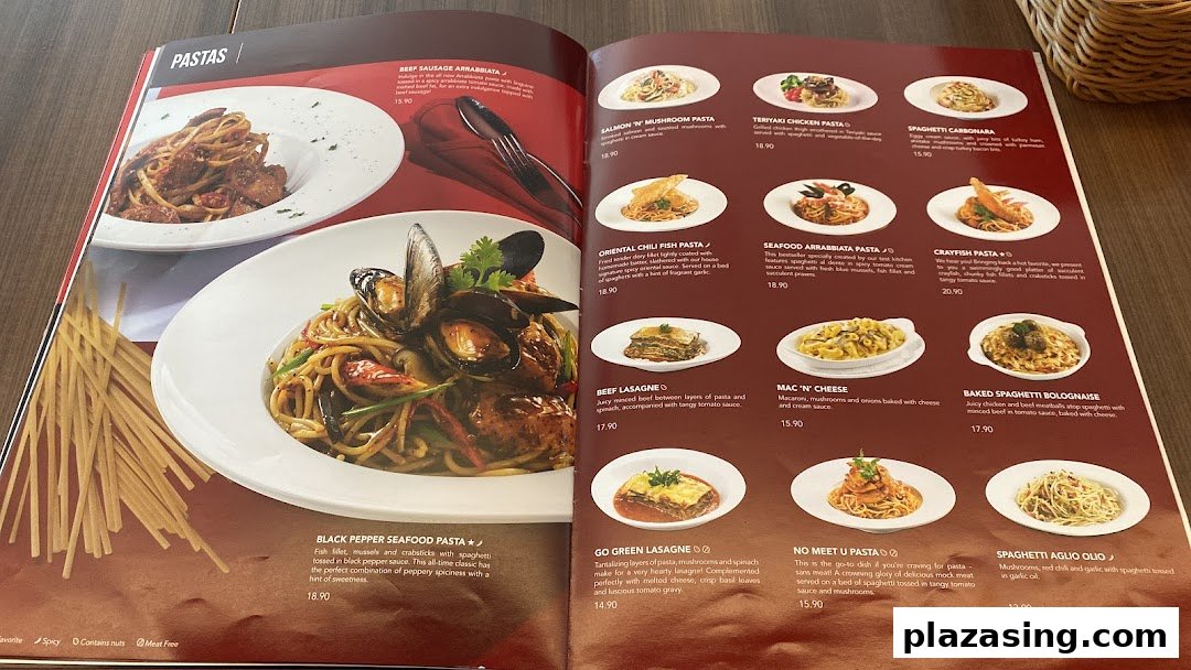 An open menu displaying a variety of pasta dishes with descriptions and prices.