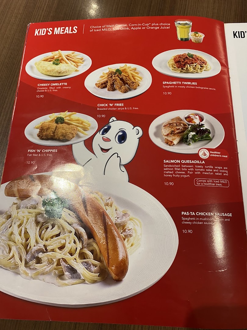 A vibrant menu page from Swensen's showcasing their delightful Kid's Meals with various options.