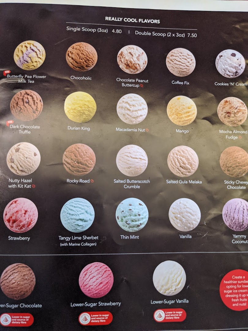 A vibrant menu displaying a variety of ice cream flavors, including classic and lower-sugar options.