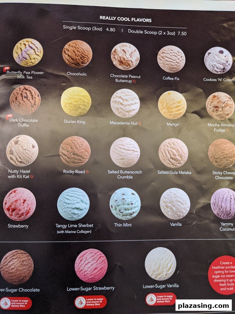 A vibrant menu displaying a variety of ice cream flavors, including classic and lower-sugar options.