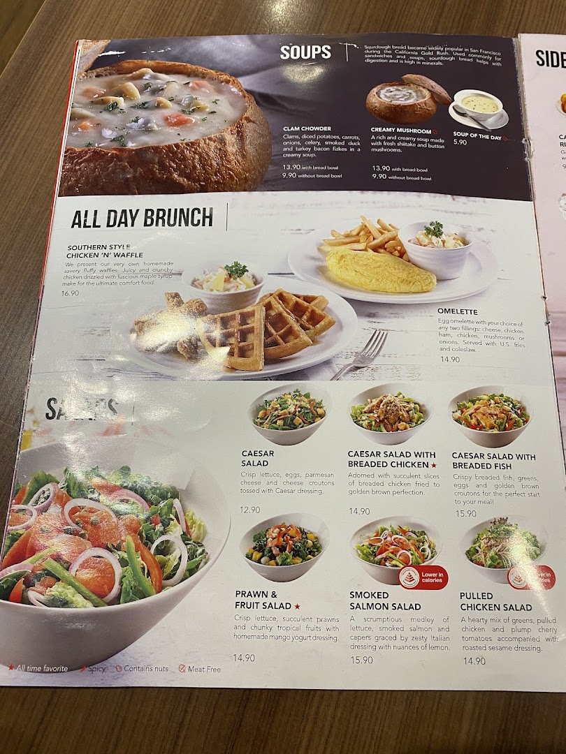 A detailed menu from Swensen's, showcasing soups, all-day brunch, and a variety of fresh salads.