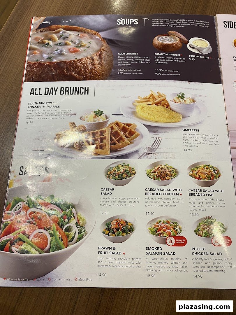 A detailed menu from Swensen's, showcasing soups, all-day brunch, and a variety of fresh salads.