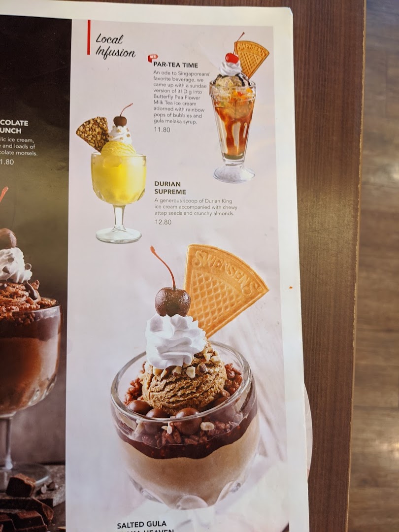 A close-up of a Swensen's menu page featuring various ice cream sundaes and desserts.