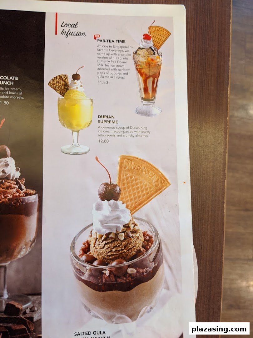 A close-up of a Swensen's menu page featuring various ice cream sundaes and desserts.
