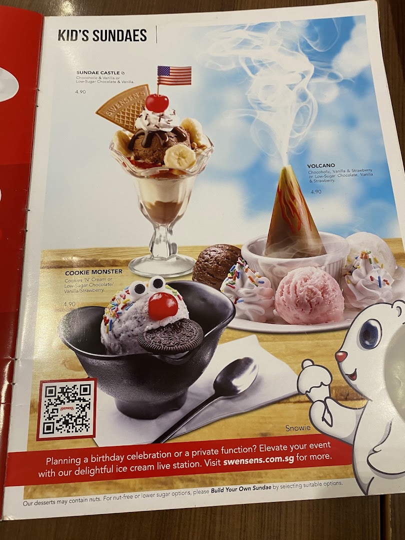 A menu page showcasing three delightful kid's sundaes with prices and descriptions.