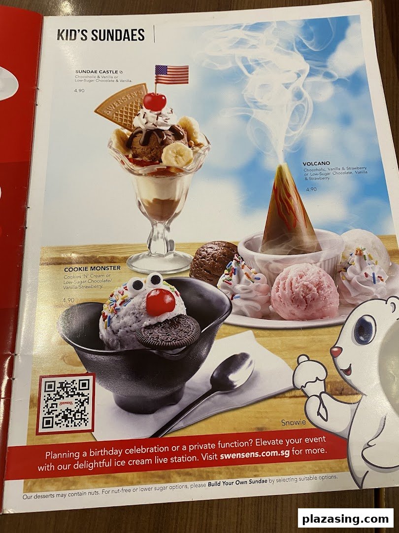 A menu page showcasing three delightful kid's sundaes with prices and descriptions.