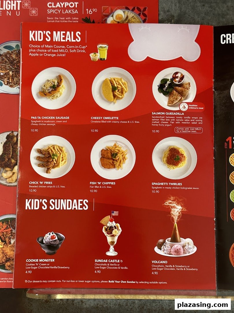 A vibrant menu page from Swensen's, featuring Kid's Meals and Kid's Sundaes with detailed descriptions and prices.
