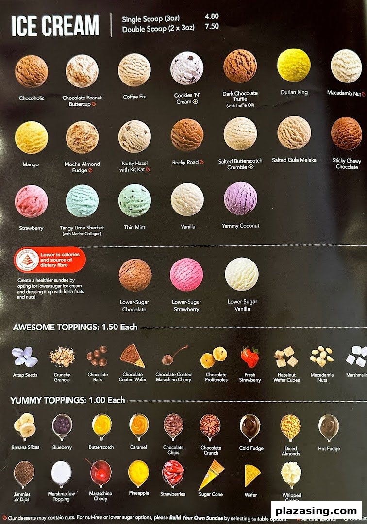 A detailed menu displaying various ice cream flavors, scoop prices, and a wide selection of toppings.
