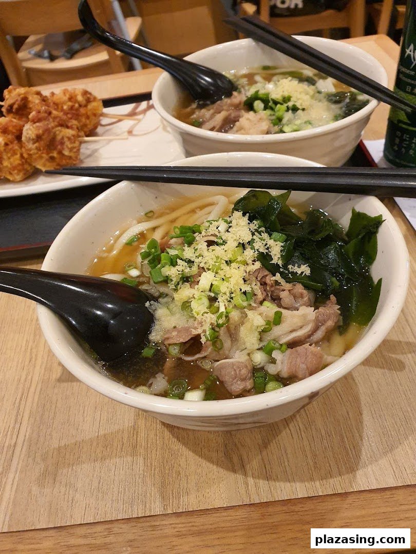 Two bowls of delicious udon noodles with toppings and a side of crispy tempura.