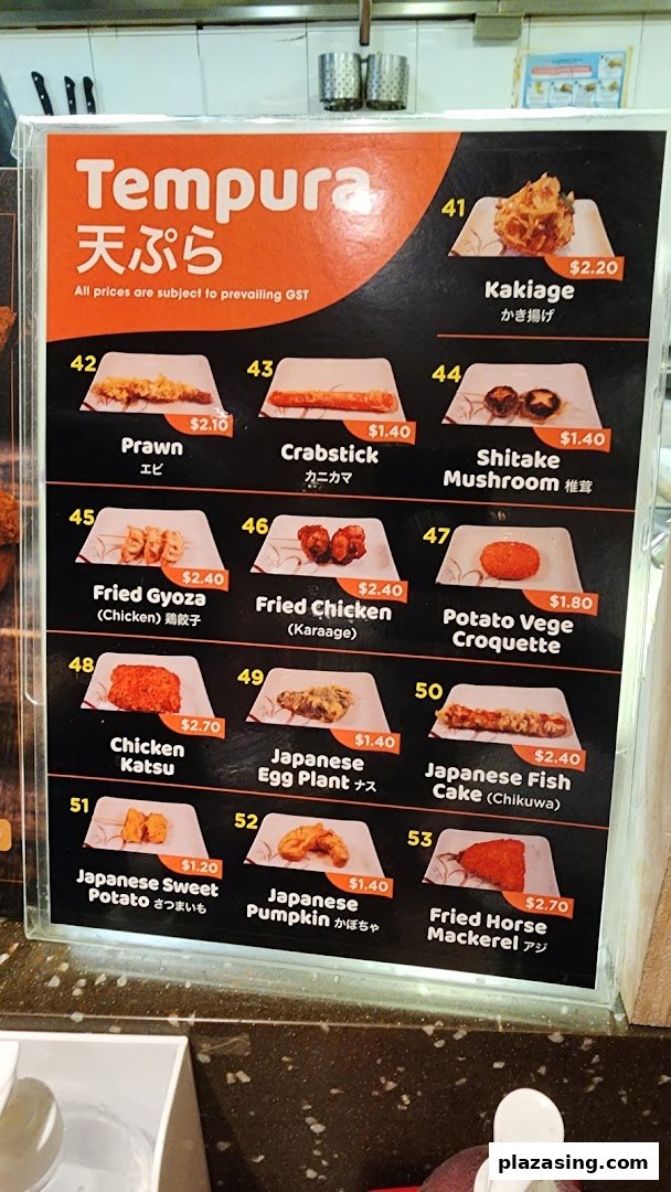 A vibrant menu board showcasing various tempura and fried items with prices and images.
