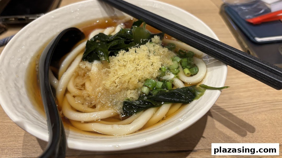 A close-up of a delicious bowl of udon noodles with toppings and broth, ready to be enjoyed.
