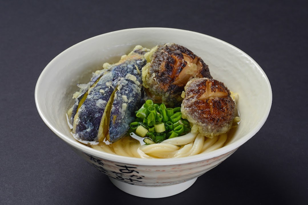 A bowl of Japanese udon noodles topped with tempura eggplant, mushrooms, and chopped green onions.